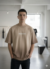 BALNCIG BEIGE/BROWN OMBRE LOGO BACK PINTED ROUND NECK OVERSIZED T-SHIRT